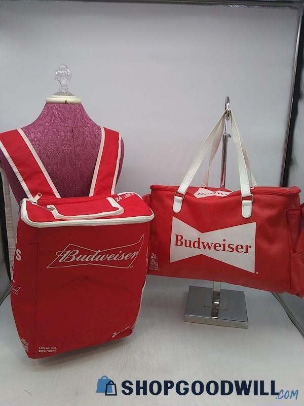 Budweiser Red/ White Vinyl Cooler Backpack/ Duffle Handbag Purse Set