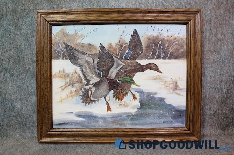 Mallard Ducks & Snowy Lake Framed Original Wildlife Painting Signed Debbie Trail
