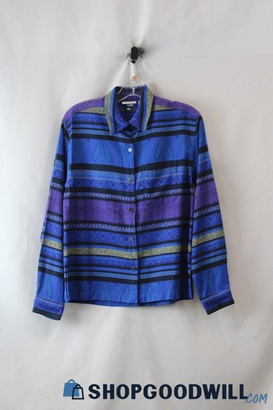 Chico's Women's Purple Blue Paisley Striped Textured Button Up Shirt sz S/4