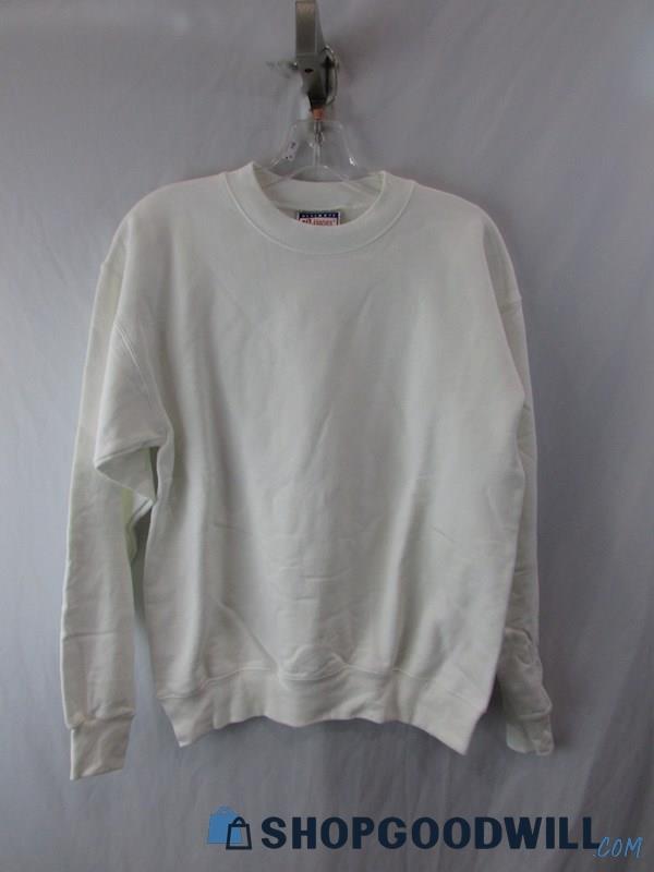 Hanes Ultimate Cotton Vintage Plain White Long Sleeve Crewneck Sweatshirt SZ S