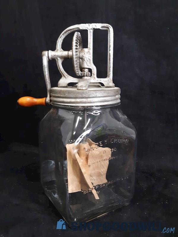 Antique DAZEY No.40 Glass Jar Butter Churner W Wooden & Metal Detailing