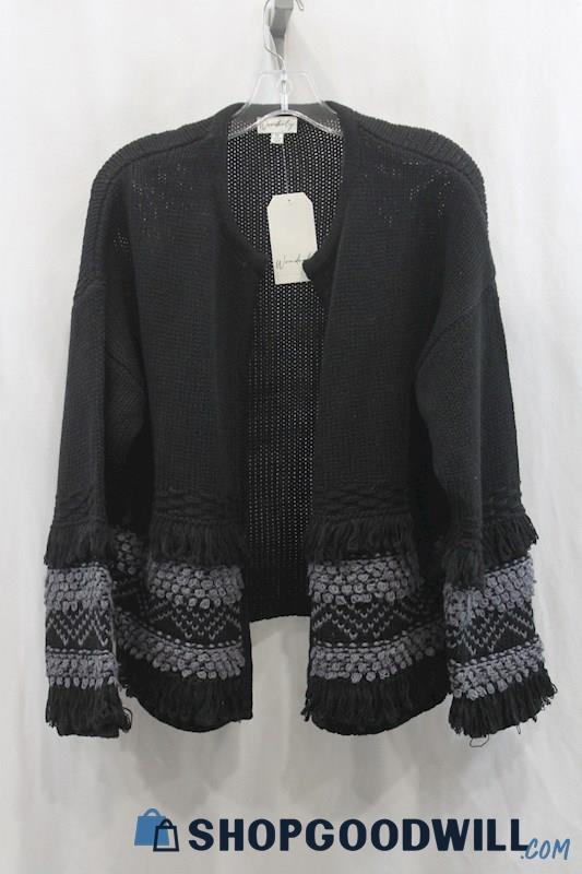 NWT Wonderly Womens Black/Gray Knit Fringe Open Cardigan Sz M