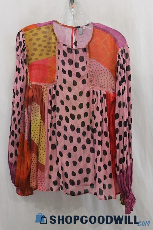 Blank London Women's Pink Multicolor Dot Print Sheer Blouse SZ S