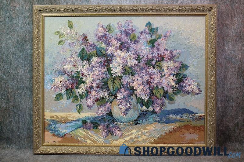 Vase of Lilac Flowers Framed Still Life Tapestry Unbranded Art Decor Signed KB 