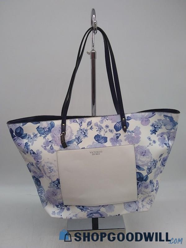 Victoria's Secret Blue/ Purple Floral Faux Leather Shoulder Tote Handbag Purse 