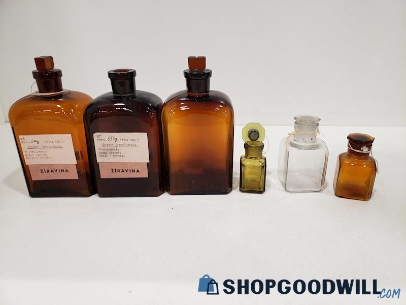 Set Of 6 Amber Glass Apothecary Bottle 