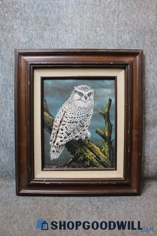 Mysterious Snowy Owl Framed Original Wildlife Bird Painting Signed Phillips Art
