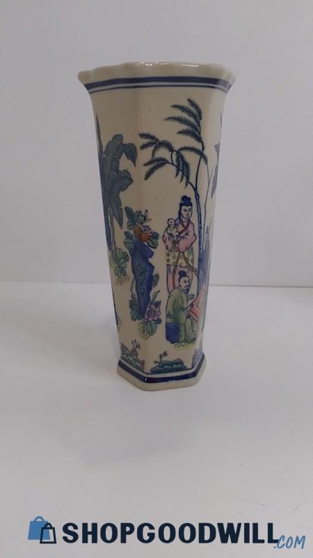 Hand Painted Asian Hexagon Ceramic Vase