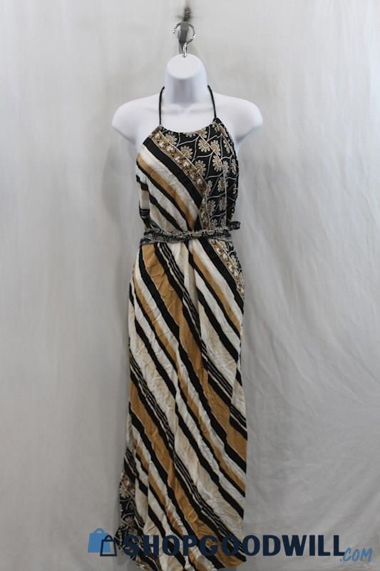 NWT Sunshine 79 Womens Black/Brown Stripe Pattern Halter Maxi Dress Sz M