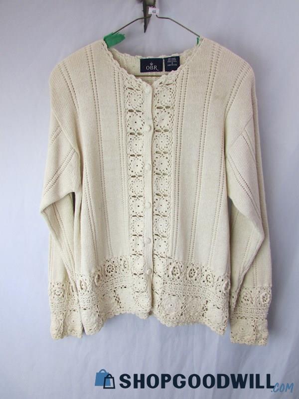 OBR Women's Vintage Ivory Crochet Cardigan Sweater SZ S