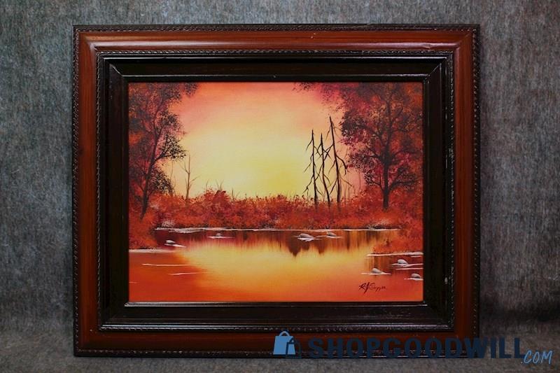 Red-Orange Dawn Forest River Framed Original Nature Painting Signed R.A.E. Art