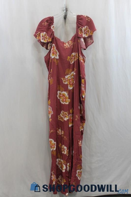 NWT Loft Womens Dark Pink/Orange Floral Smocked Back Jumpsuit Sz XL