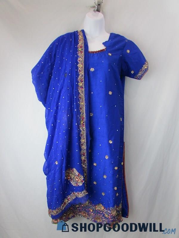 Women's Blue/Gold Embroidered 2 Pc Kameez/Dupatta Set Custom Size