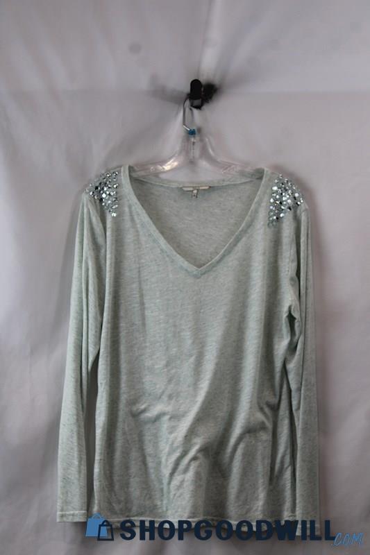 BKE Women's Light Blue Heather Beaded Shoulder V Neck Long Sleeve SZ M