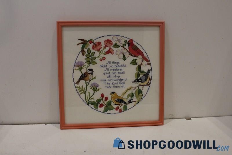 'Circle of Song Birds' Framed JanLynn Corp Completed Crewel Cross Stitch