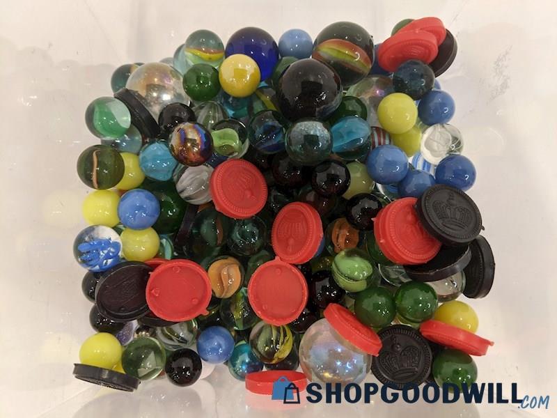 6lbs. Large Lot Of Various Designs & Colors Glass Marbles