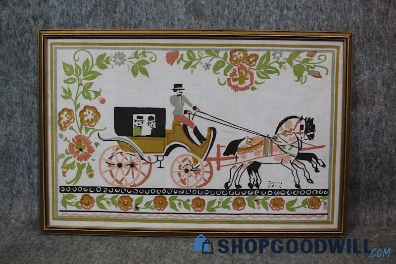 VTG Right Horse Carriage Flowers Framed Appears Linen Facsimile Signed Tony Sarg