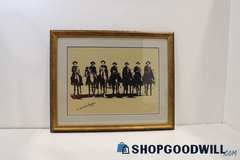 Framed Western Silhouette Cowboy Themed Print Signed Father WS; Appear Magnif 7