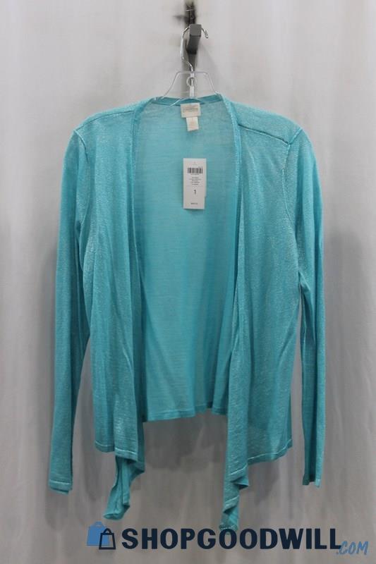 NWT Chicos Womens Turquoise Shimmer Waterfall Cardigan Sz M