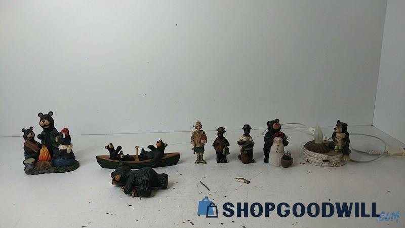 8pc Mixed Black Bear Man Figurines Campfire Canoe Fishing Snowman & More
