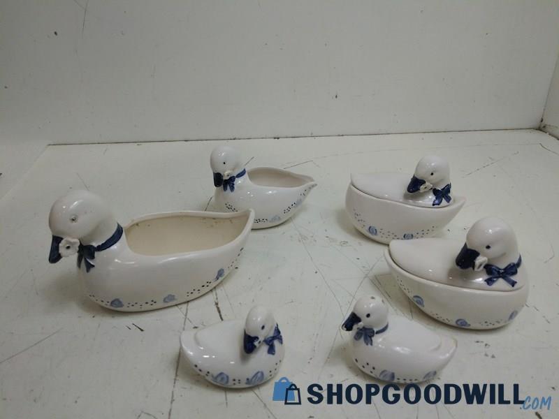 6PC Enesco Ducks Dish Trinket W/lids Box Salt Pepper Shakers Blue/White Ceramic 