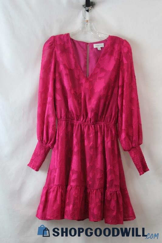 Evereve Women's Hot Pink Textured Floral V Neck Long Sleeve Dress sz S