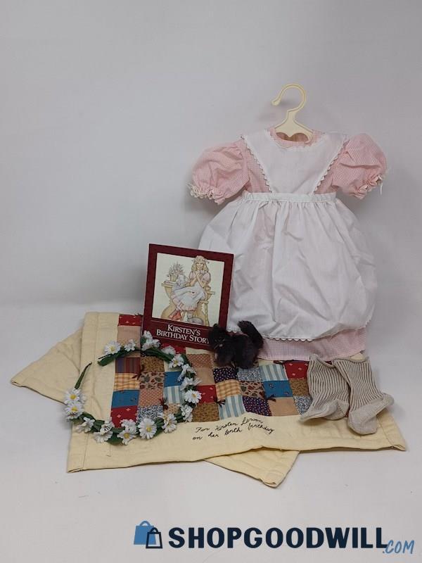 Kirsten's Birthday Outfit, Quilt, & Kitten Pleasant Company Doll Accessories Lot