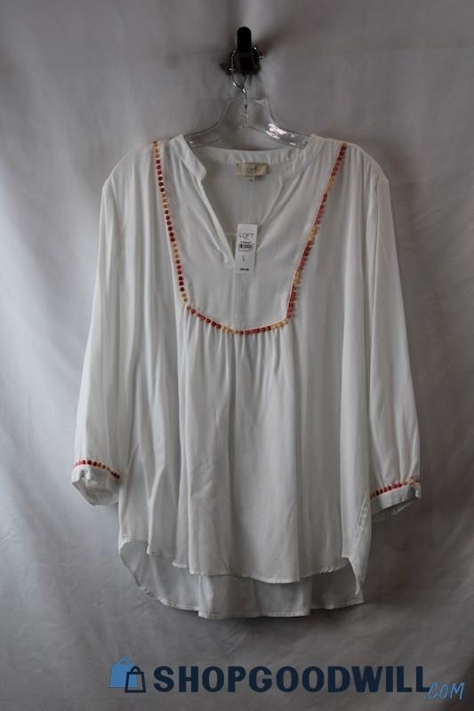 NWT LOFT Women's White/Pink Pom-Pom Trim Long Sleeve Tunic Shirt sz L