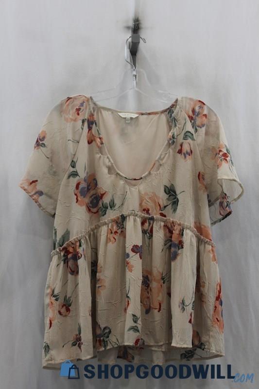 Lucky Brand Women's Beige Floral Sheer Blouse SZ L