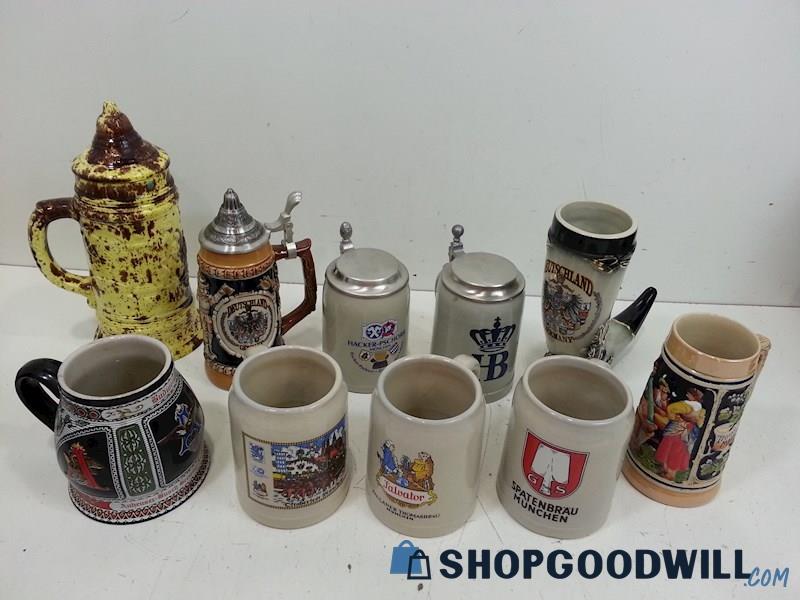 10 Beer Steins/Mugs Collection Mixed Lot Ceramic 4 W/Lids One Horn Shaped