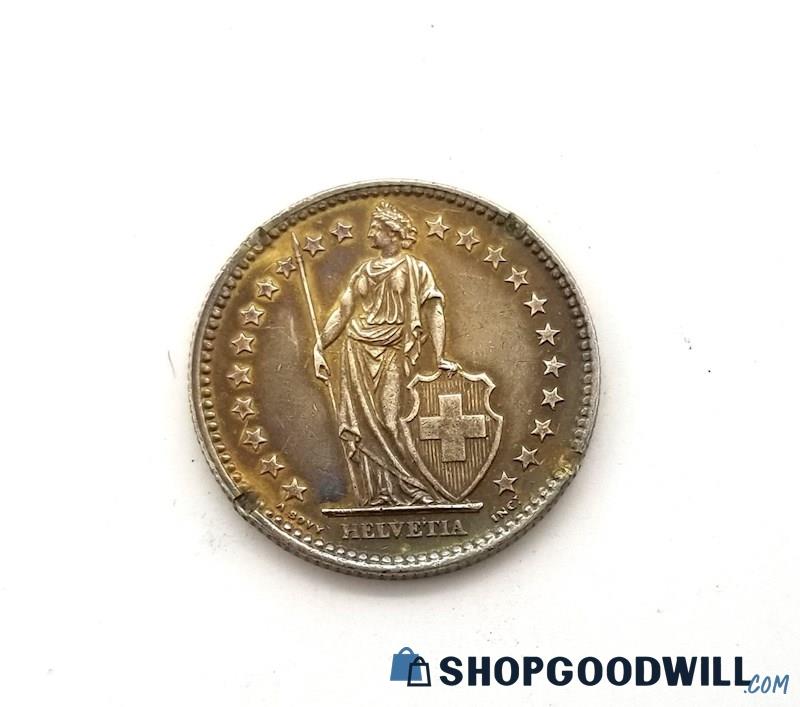 1964 Silver Switzerland Helvetia 2 Francs Coin, 9.9 grams