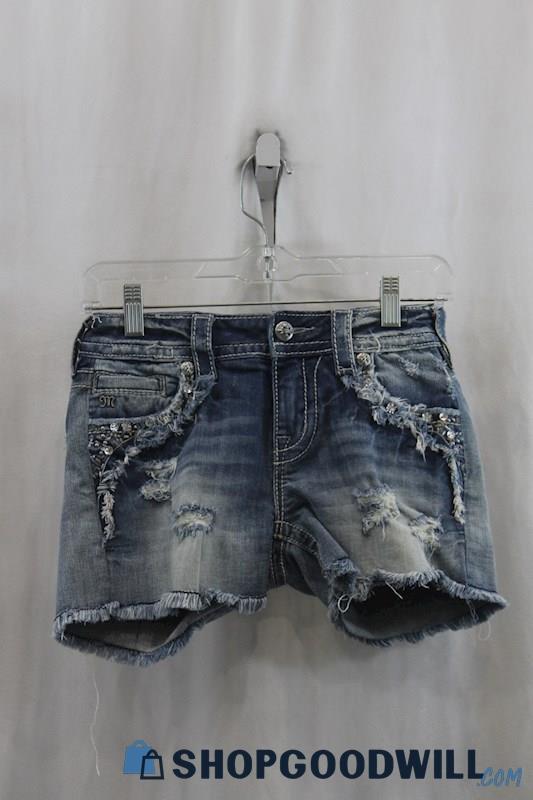 Miss Me Womens Blue Washed Distressed Denim Shorts Sz 27