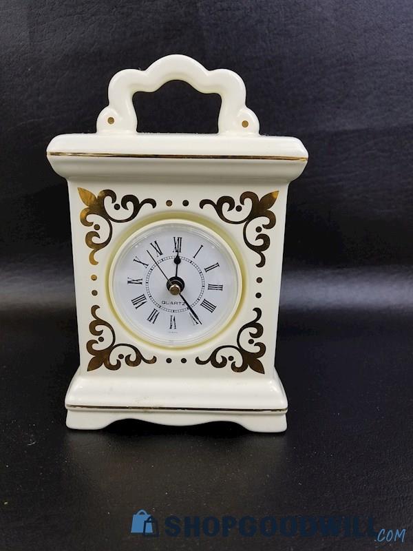 Ceramic Carriage Mantel Clock White & Gold Painted Accent Quarts 7