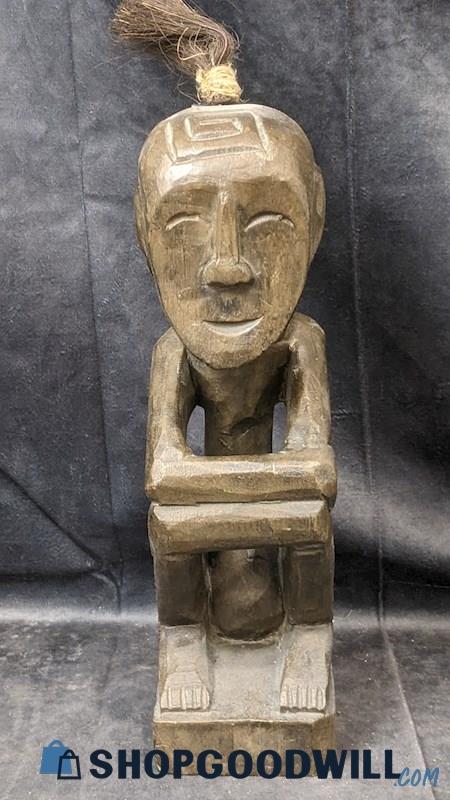 Hand-Carved Wooden Sitting Smiling Tribal Figure/Statue Home Decor Collectible