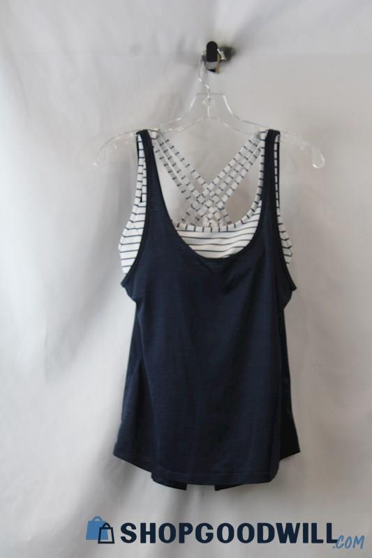 Athleta Women's Navy/White Striped Built in Shelf Bra Athletic Tank Top SZ S