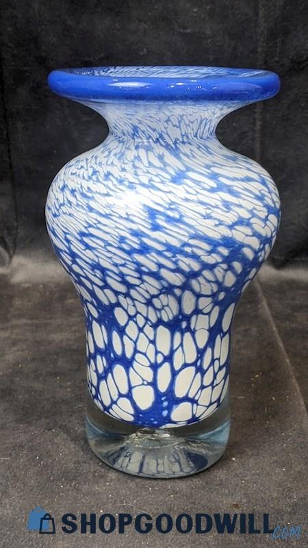 White & Cobalt Blue Glass Streaked Tapered Abstract Pedestal Vase Home Decor