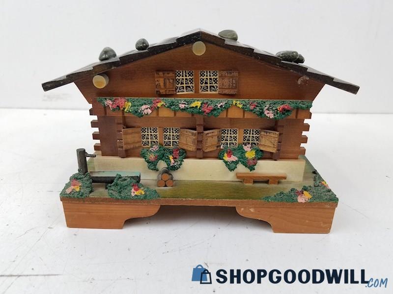Chalet Cottage Wooden Swiss Mountain House Music Box, Jewelry Storage, Vintage