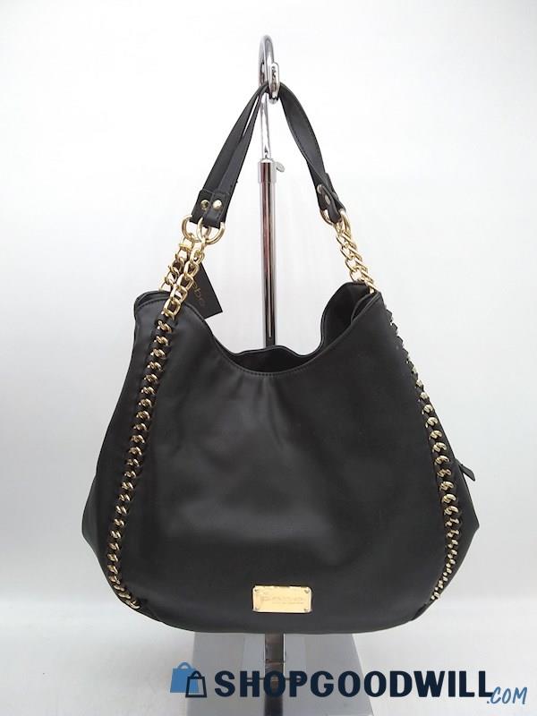 Bebe Collette Black Faux Leather Triple Compartment Shoulder Handbag Purse 
