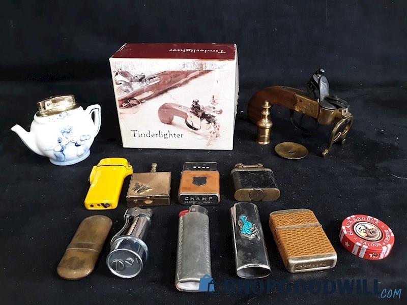 Assorted Lighter Collection Lot, Flintlock Pistol, Dutch Teapot, Etc. 