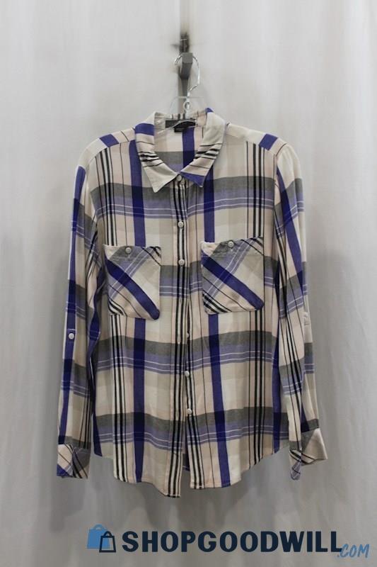 Sanctuary Womens White/Blue Plaid Flannel Sz M