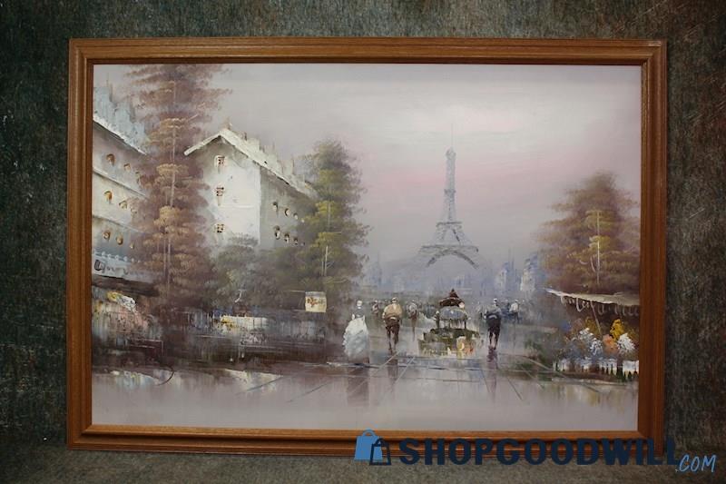 Rainy Road to Paris Eiffel Tower Street Scene Framed Painting Signed R.S Art PUO