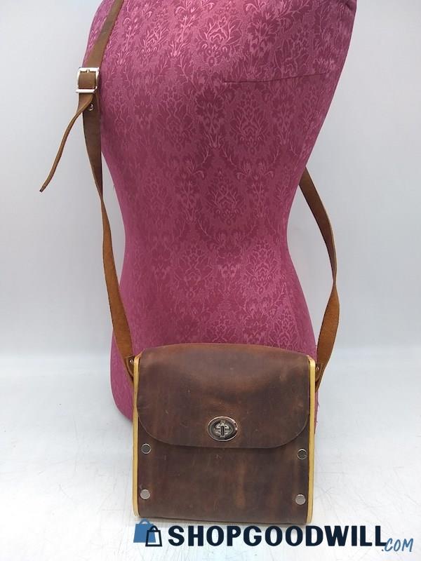 Unbranded Brown Leather/ Beige Wood Crossbody Handbag Purse 