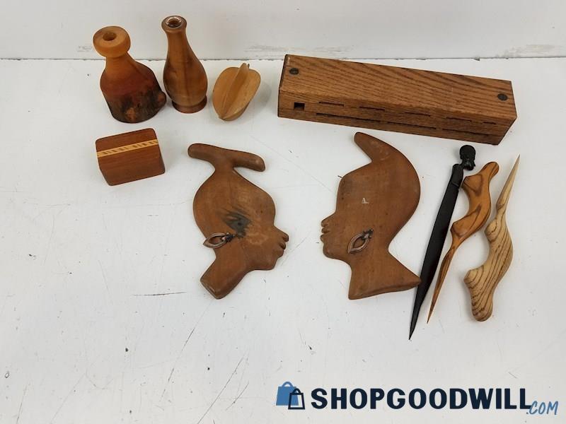 10Pc Hand Carved Wood Lot, Wall Plaques, Vases, Letter Openers, Box Vintage 