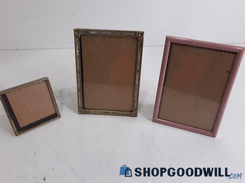 3 Small Picture Frames 2 W/Gold Trim 1 W/Pink Trim