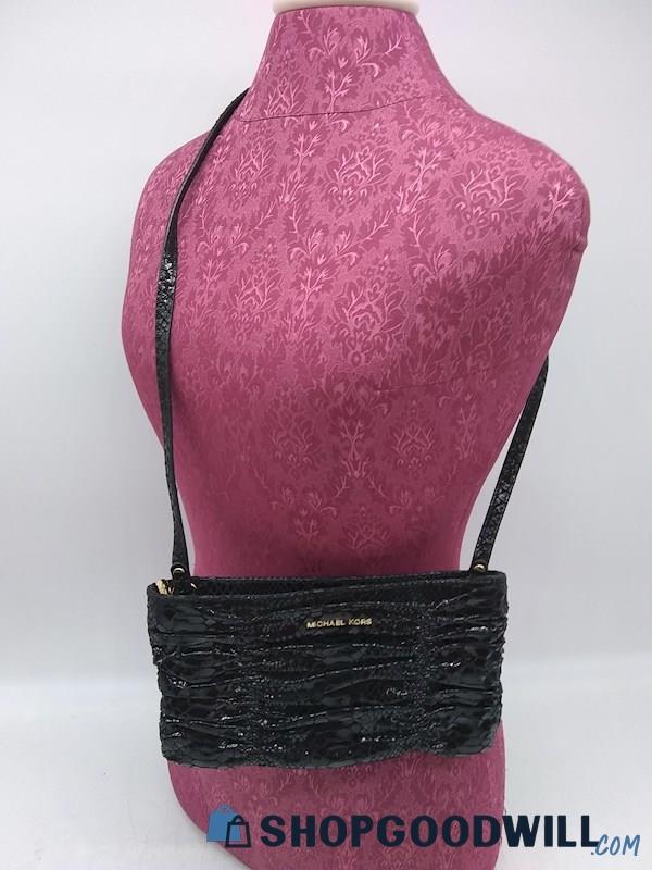 Michael Kors Black Snake Print Pleated Faux Leather Crossbody handbag Purse 