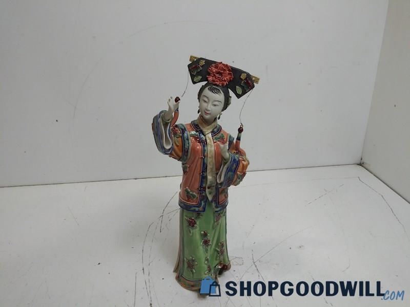 Chinese Wucai Porcelain Shi WanLady Woman Headdress Figurine Finger Taped Inside