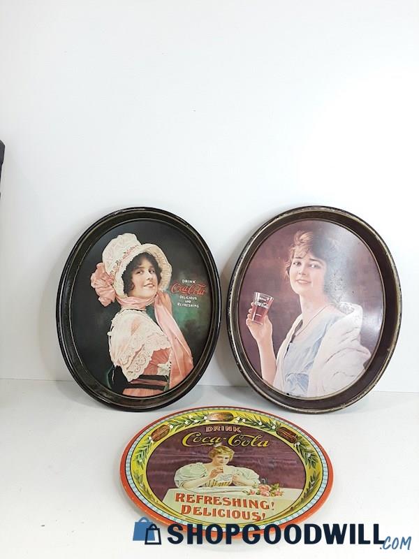 Lot 3 Pc 1970s Coca Cola Assorted Tray Wall Plaques & Display Plate VTG 
