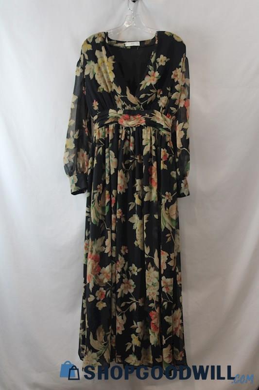 MNG Women's Black/Beige Floral Pleated Front Gauze Textured Dress SZ 4
