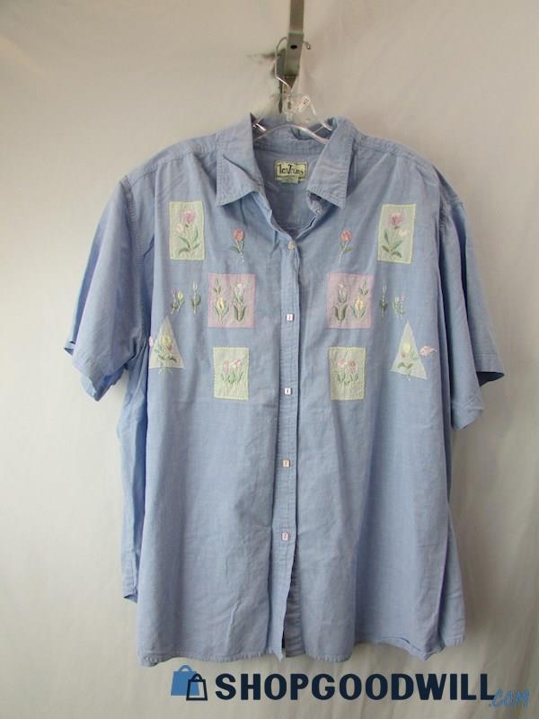 TanTrums Women's Vintage Blue Floral Embroidered Button-Up Shirt SZ 26/28