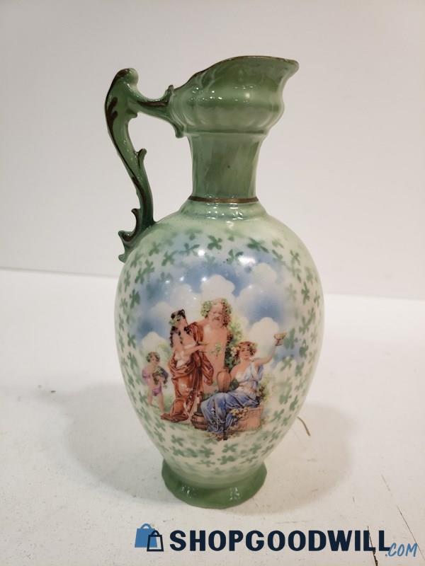 Vintage Czechoslovakia Green Pitcher Vase Greek Inspired God & Women W/ Flowers